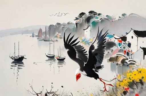 1girl, (human face), wings, harpy, flying, pensive, (impressionist:1.2), abstract, (sailboats:0.4), (seagulls:0.4), style of wu guanzhong