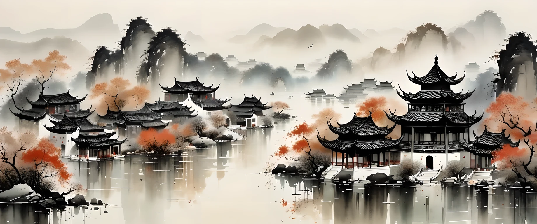 изысканное искусство чернил, реалистичный, подробная китайская архитектура, Стиль У Гуаньчжун, выцветшие цвета

