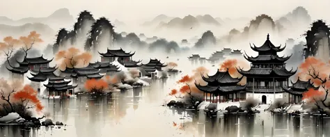 exquisite ink art, realistic, detailed Chinese architecture, Wu Guanzhong style, faded colors

