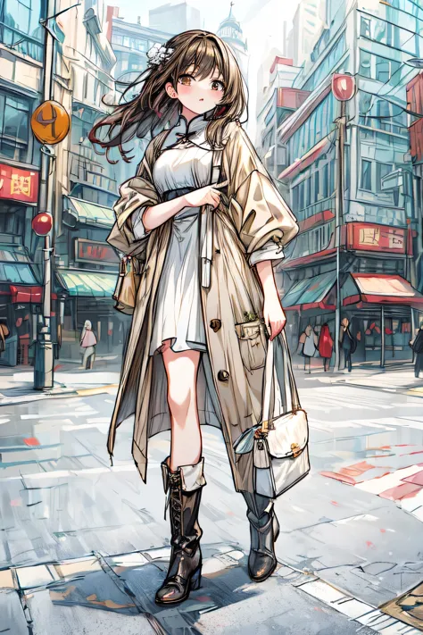 Chinese woman in a full futuristic outfit, blurred background of a city with buildings, white handbag, white boot type shoe, bei...