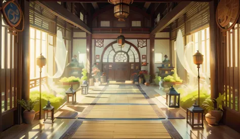 Chinese fairy tale scene，Chinese ancient building lobby，There is a long corridor，have many windows，There is a statue in the midd...