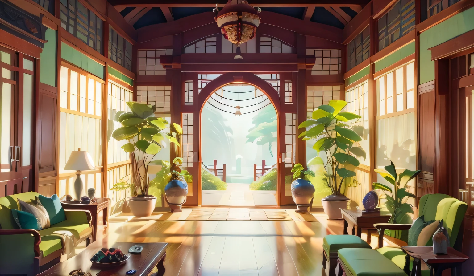 Chinese fairy tale scene，Chinese ancient building lobby，There is a long corridor，have many windows，There is a statue in the middle, There is a meditation statue in the center of the lobby，《The Legend of Korra》setting, anime scenery concept art, library of ruina concept art, traditional japanese concept art, anime background art, interior background art, symmetry!! concept art, Madhouse studio anime style, relaxing concept art, Beautiful renderings of the Tang Dynasty, Chinese zen temple background