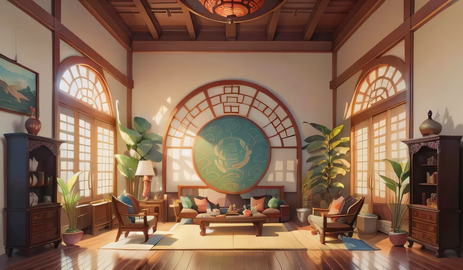 Chinese fairy tale scene，Chinese ancient building lobby，There is a long corridor，have many windows，There is a statue in the middle, There is a meditation statue in the center of the lobby，《The Legend of Korra》setting, anime scenery concept art, library of ruina concept art, traditional japanese concept art, anime background art, interior background art, symmetry!! concept art, Madhouse studio anime style, relaxing concept art, Beautiful renderings of the Tang Dynasty, Zen temple background