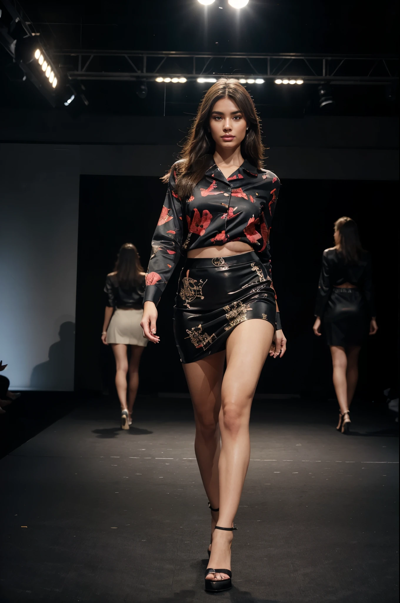 A woman walking down a runway wearing a skirt and top - SeaArt AI