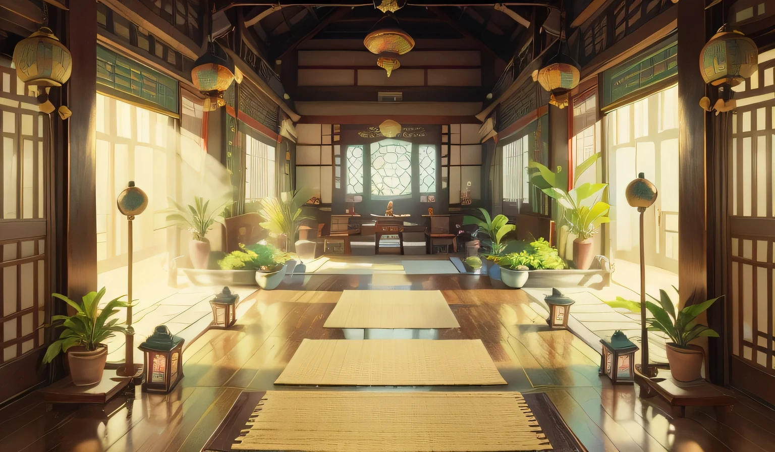 Chinese fairy tale scene，Chinese ancient building lobby，There is a long corridor，have many windows，There is a statue in the middle, 《The Legend of Korra》setting, anime scenery concept art, library of ruina concept art, traditional japanese concept art, anime background art, interior background art, symmetry!! concept art, Madhouse studio anime style, relaxing concept art, Beautiful renderings of the Tang Dynasty, Zen temple background