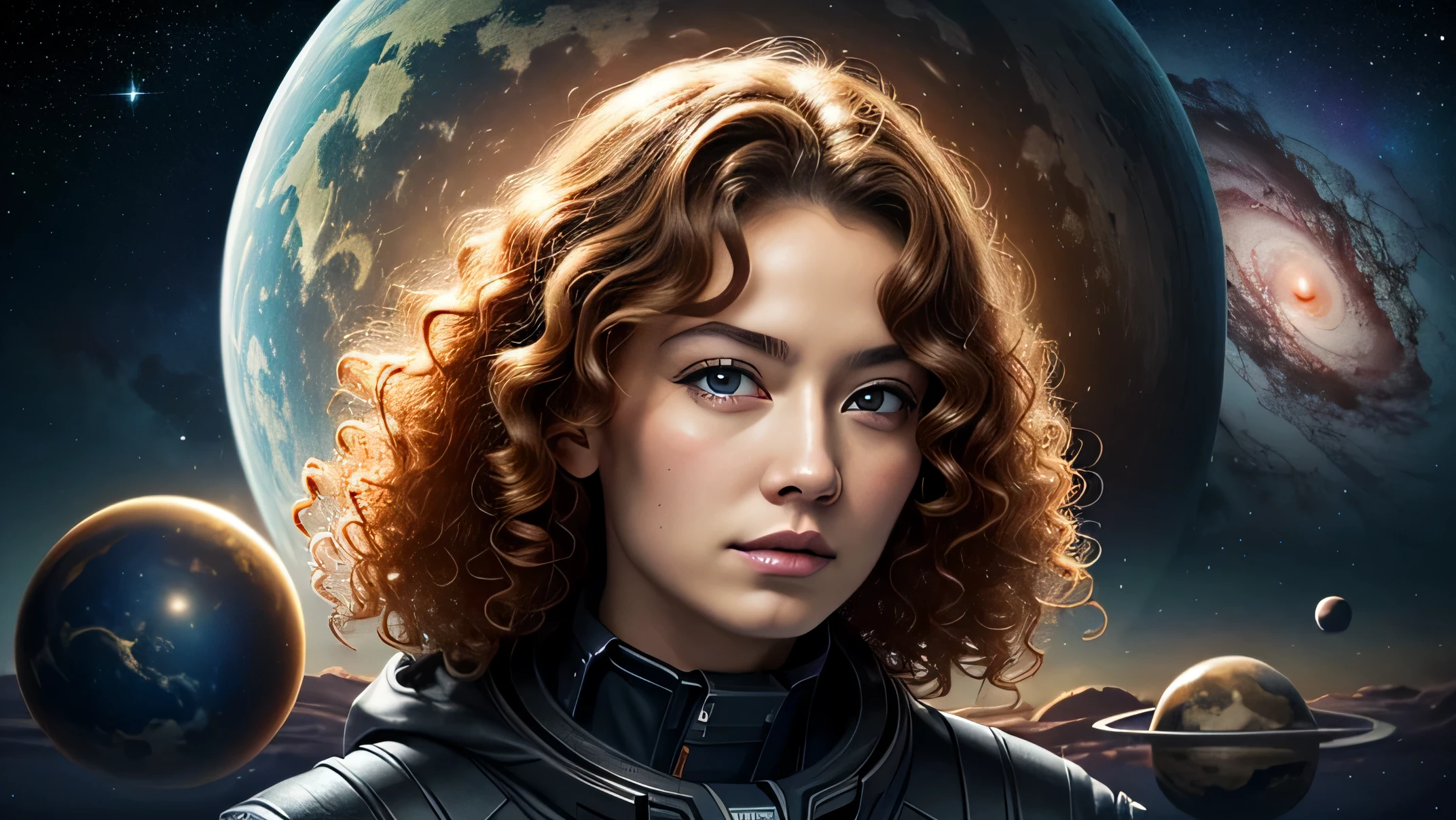 front view, nijistyle, rfktr_technotrex, woman (ginger curly hair), exploring planets, alien worlds, exotic locations, deep space, unkown terrors, galactic, nebulas, stars, fcPortrait