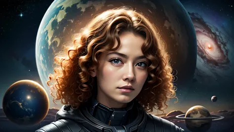front view, nijistyle, rfktr_technotrex, woman (ginger curly hair), exploring planets, alien worlds, exotic locations, deep spac...