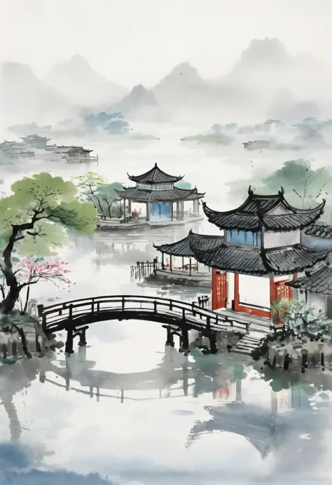 A serene scene of Jiangnan Water Towns, emulating the brushstrokes and aesthetic of Wu Guanzhong. Featuring intricate yet effort...