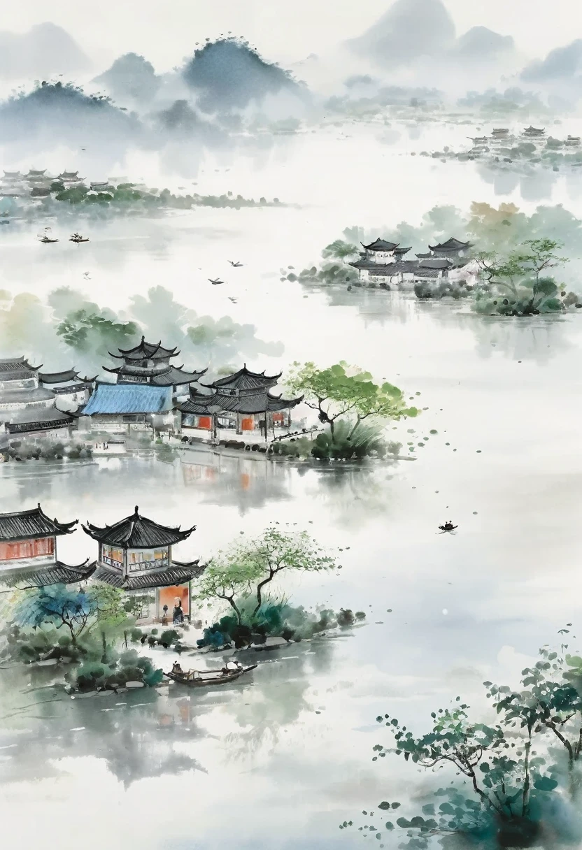 A serene scene of Jiangnan Water Towns, emulating the brushstrokes and aesthetic of Wu Guanzhong. Featuring intricate yet effortless ink washes, capturing the misty atmosphere and serene tranquility of the region. Reflecting ponds with traditional houses and bridges, surrounded by lush greenery and subtle hues of gray and blue. Emphasize the harmonious blend of nature and architecture, capturing the essence of Wu Guanzhong's artistic vision.