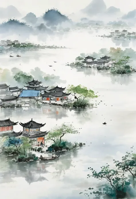 A serene scene of Jiangnan Water Towns, emulating the brushstrokes and aesthetic of Wu Guanzhong. Featuring intricate yet effort...