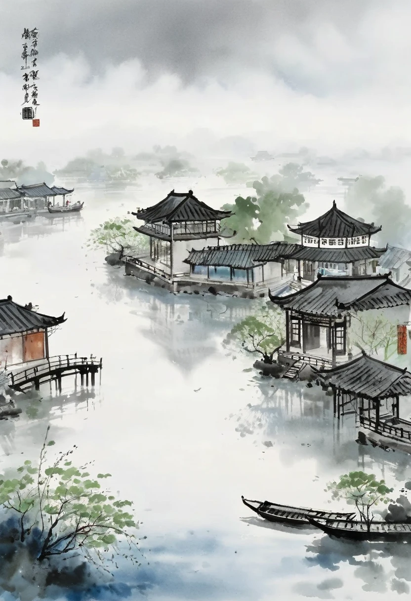 A serene scene of Jiangnan Water Towns, emulating the brushstrokes and aesthetic of Wu Guanzhong. Featuring intricate yet effortless ink washes, capturing the misty atmosphere and serene tranquility of the region. Reflecting ponds with traditional houses and bridges, surrounded by lush greenery and subtle hues of gray and blue. Emphasize the harmonious blend of nature and architecture, capturing the essence of Wu Guanzhong's artistic vision.