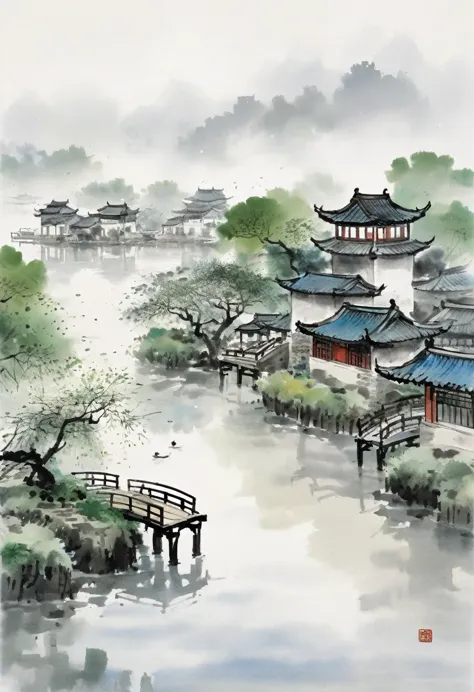 a serene scene of jiangnan water towns, emulating the brushstrokes and aesthetic of wu guanzhong. featuring intricate yet effort...