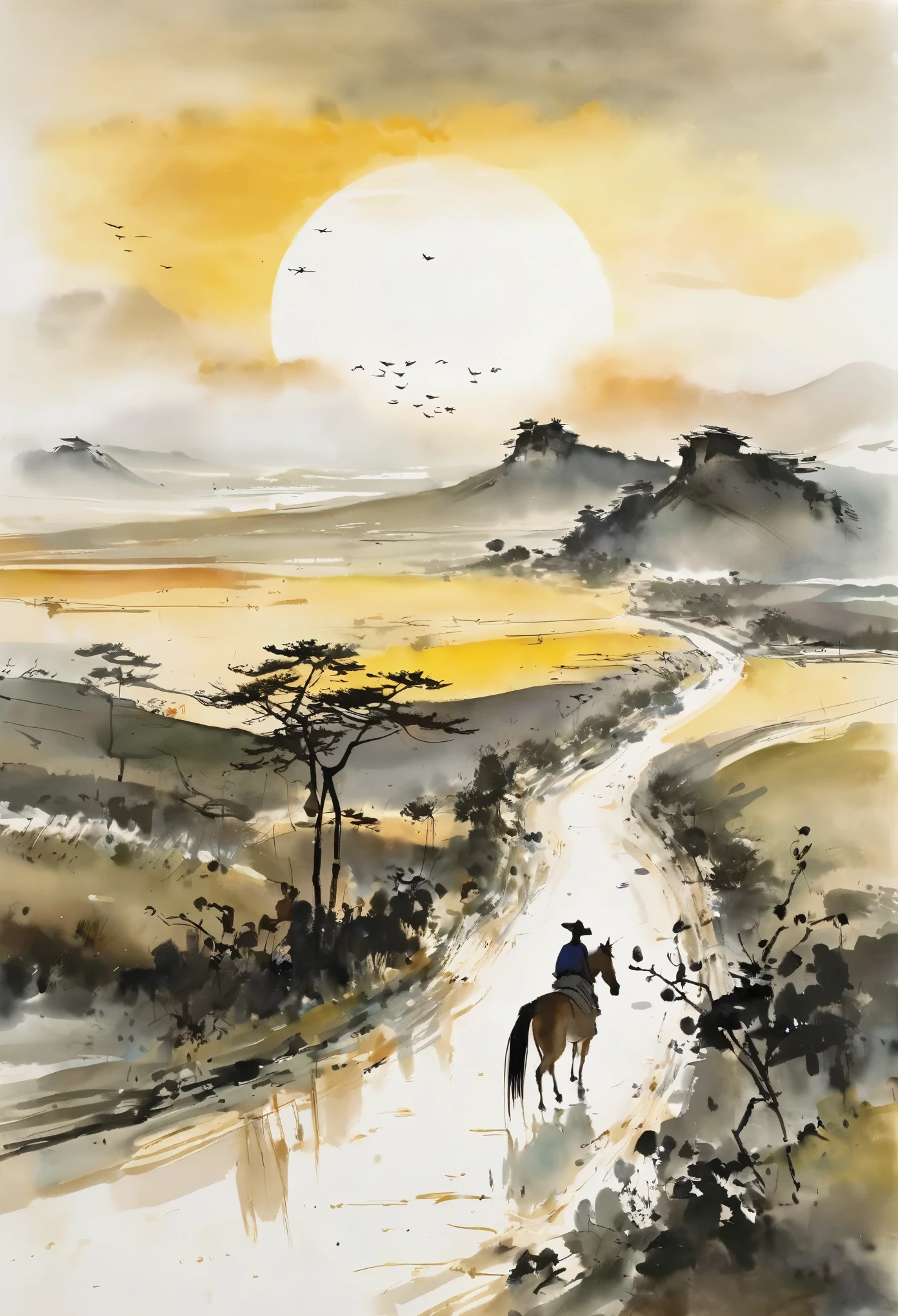 A scene inspired by the poetry of an ancient road, with a thin horse standing against the western breeze. Capture the mood of the setting sun, casting its golden hues over the landscape. Emulate the brushstrokes and aesthetic of Wu Guanzhong, emphasizing the simplicity and elegance of his ink washes. Depict the traveler, lost and forlorn, standing at the end of the world, overwhelmed by the vastness and beauty of the scene. Capture the emotional depth and the sense of melancholy inherent in the poem.