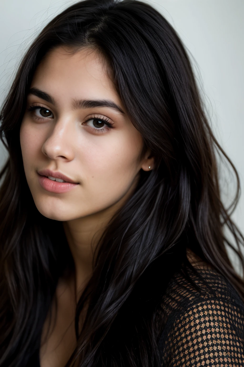 A close up of a woman with long hair and a black top - SeaArt AI