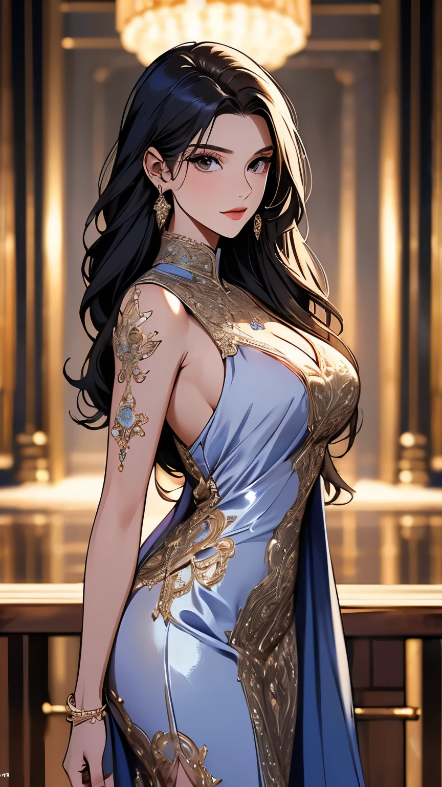 ((highest quality)),(ultra high resolution),(Super detailed),(detailed description),((best CG)),(best work of art),super precision art,amazing drawing art,(Art with precise details:1.5), (woman:1.6),(beautiful and well-shaped face:1.7),(Silk dress with intricate patterns:1.5),(Shiny and luxurious hair:1.6),(make:1.6),sparkling ornaments:1.3,Majestic Hall々,confident々