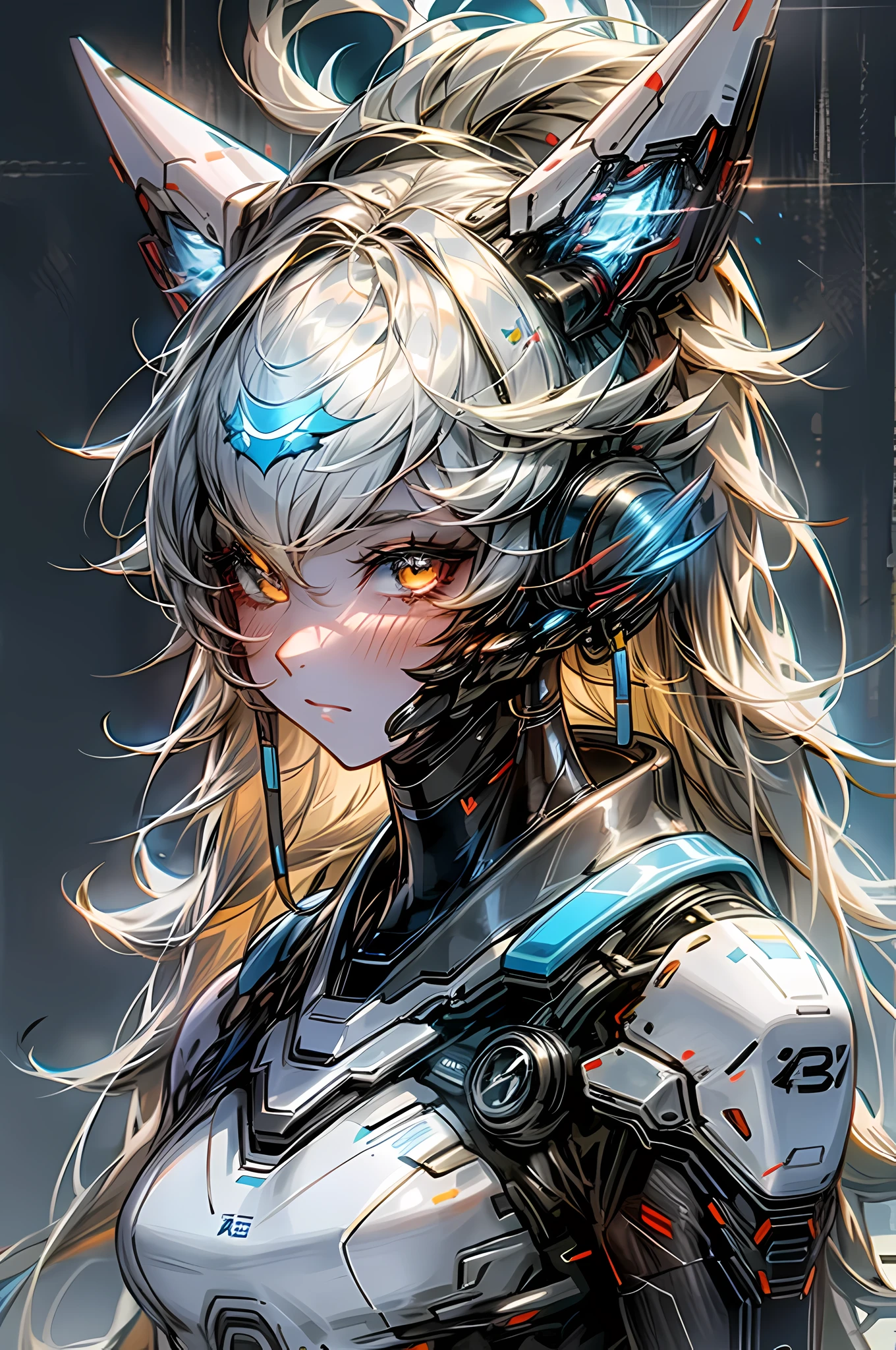 sci-fi fox girl,fox girl,metallic feel,shining silver armor,glowing neon lights,science fiction theme,Colorful futuristic background,masterpiece:1.2,Super detailed,actual:1.37,portrait,Cool blue tones,stunning lighting,whole body,Perfect body