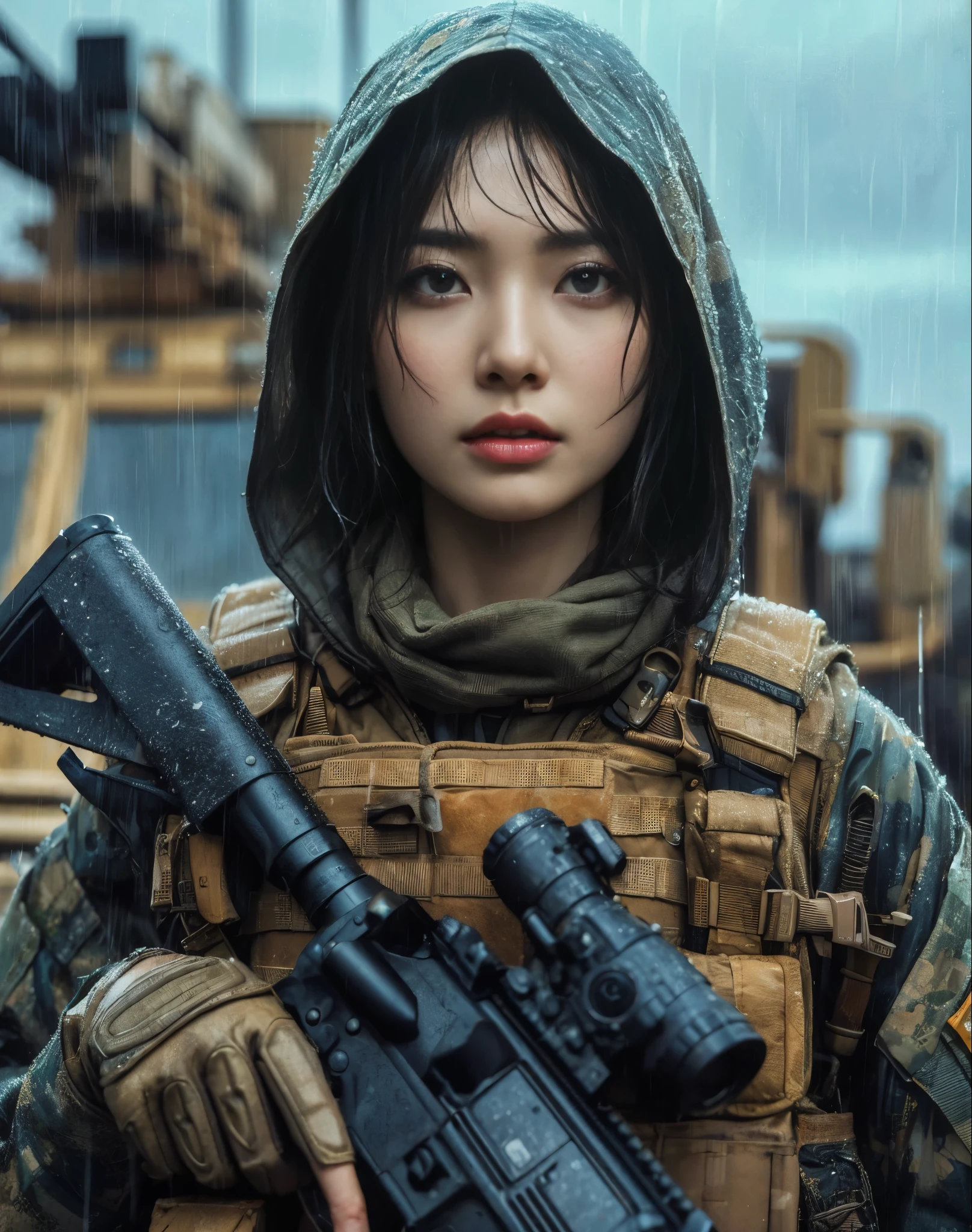 Realistic skin textures、Photorealsitic、Japanese women in the US military、heavy rain、automatic rifle、wet