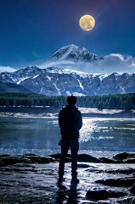 highest quality,big moon and shadow,a silhouette of a person can be seen against the background of the big moon.,there is one fu...