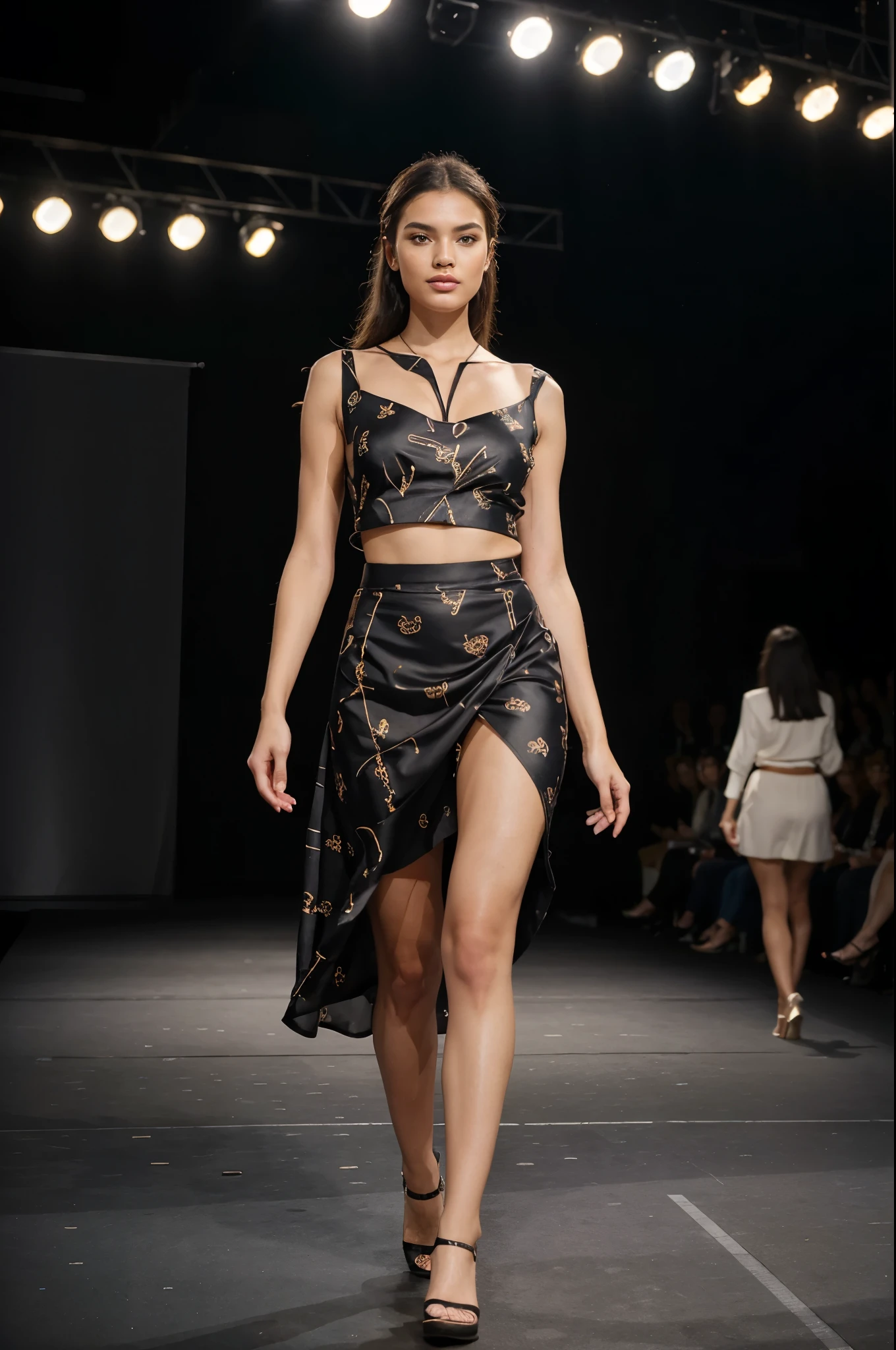 A model walks down the runway wearing a black dress with gold print -  SeaArt AI