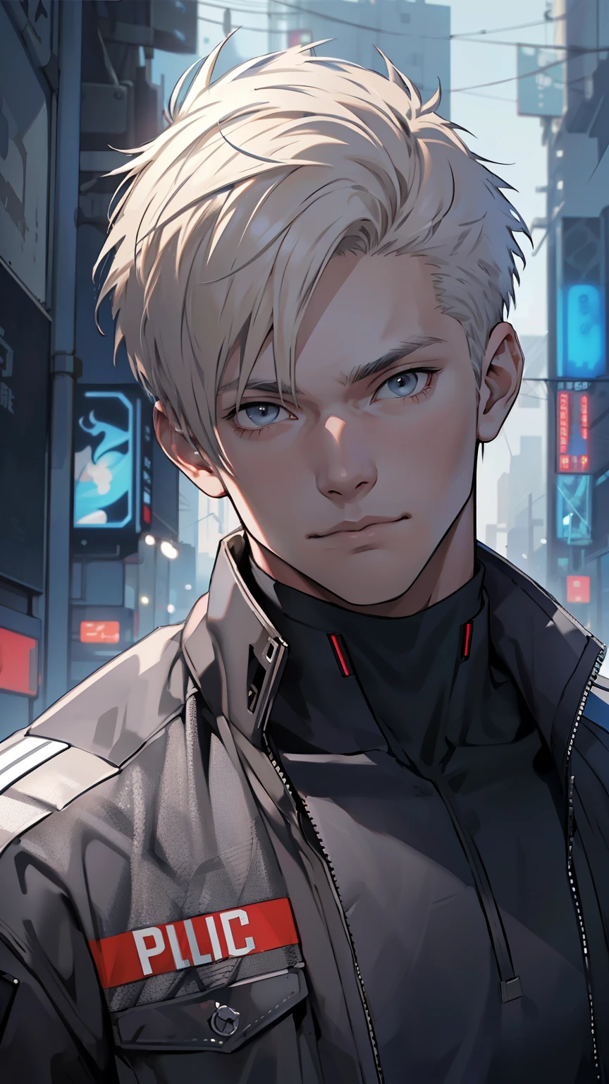 (masterpiece), best quality, high quality, 1boy, beautiful face, handsome, platinum blonde hair, short hair, straight hair, gray eyes, upper body, looking straight, 18 years old boy, cyberpunk, police clothes, sunlight, portrait,