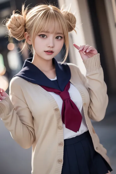 （blonde、himiko toga、white uniform shirt、navy blue uniform skirt、cardigan、red scarf、dark eyeshadow、patsun、twin tails、bun head、thi...