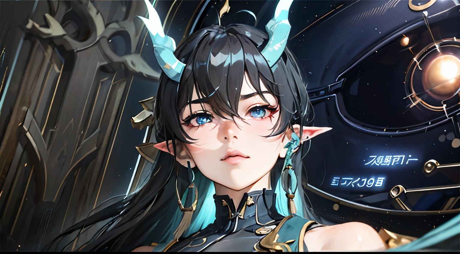 ince, longeyelashes, solid circle eyes, light smile, ear blush, black hair, full blush, drop shadow, stereogram, pov, atmospheric perspective, anime style, anime, cinematic lighting, depth of field, stereogram, chiaroscuro, masterpiece, anatomically correct, textured skin, super detail, high quality, 8k, best quality, award winning, woman, dan heng girl, TS, horns, very long hair