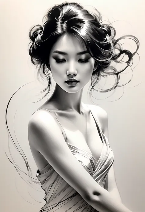 Elegant maiden，black and white水墨画，pen sketch drawing，Loose brushstrokes，Pen outlines delicate lines，flowing action，Subtle ink to...