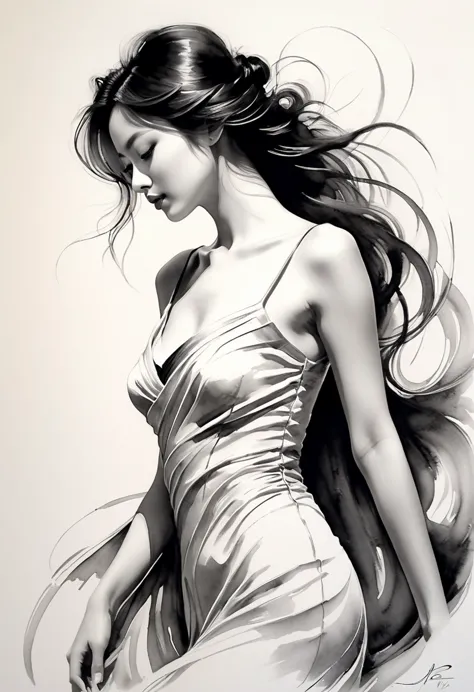 Elegant maiden，black and white水墨画，pen sketch drawing，Loose brushstrokes，Pen outlines delicate lines，flowing action，Subtle ink to...