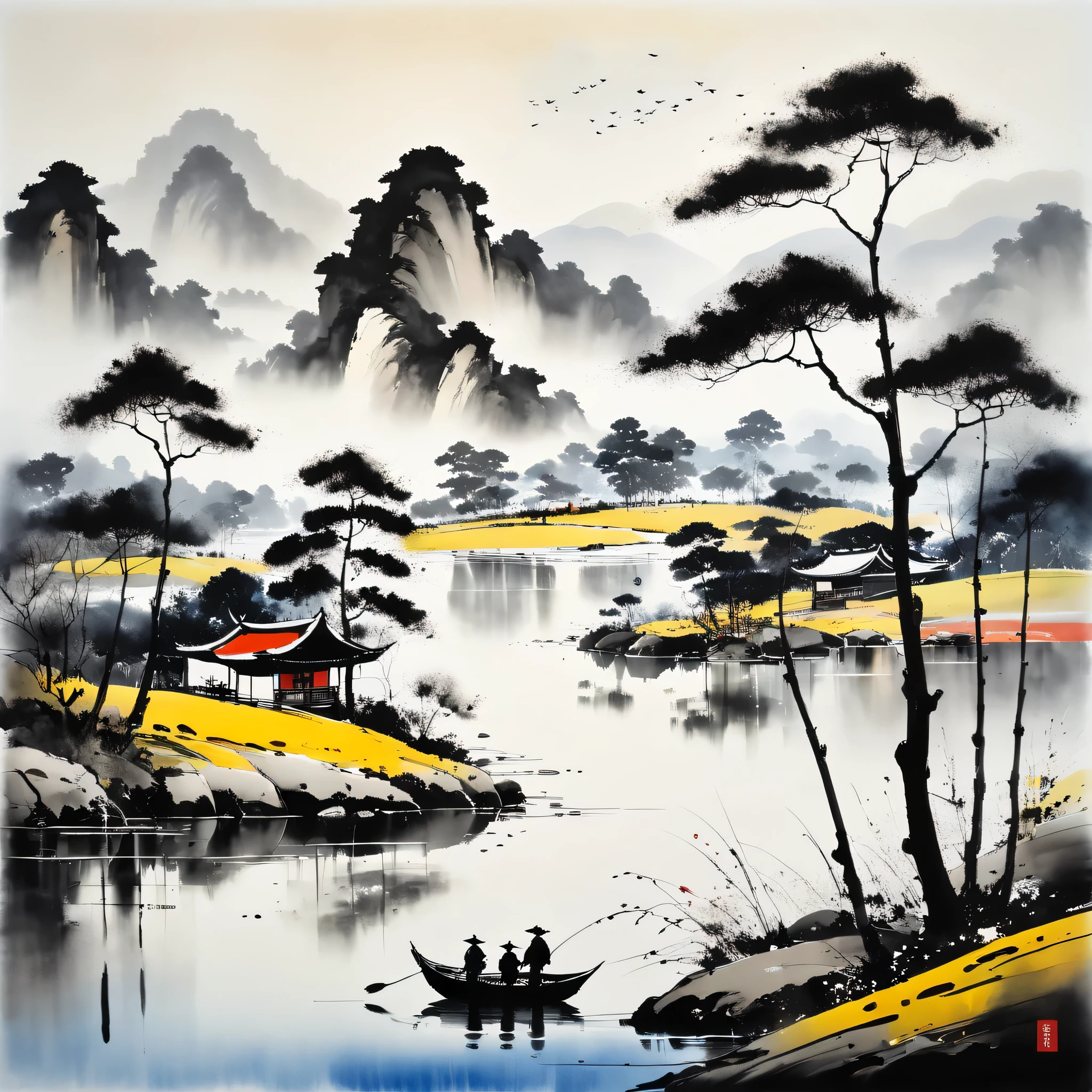 (وو كانزونغ&#39;أسلوب الرسم), مزيج من تقنيات الرسم بالحبر ومفاهيم الرسم الغربية, (البحيرة والأشجار々رسم المناظر الطبيعية مع,