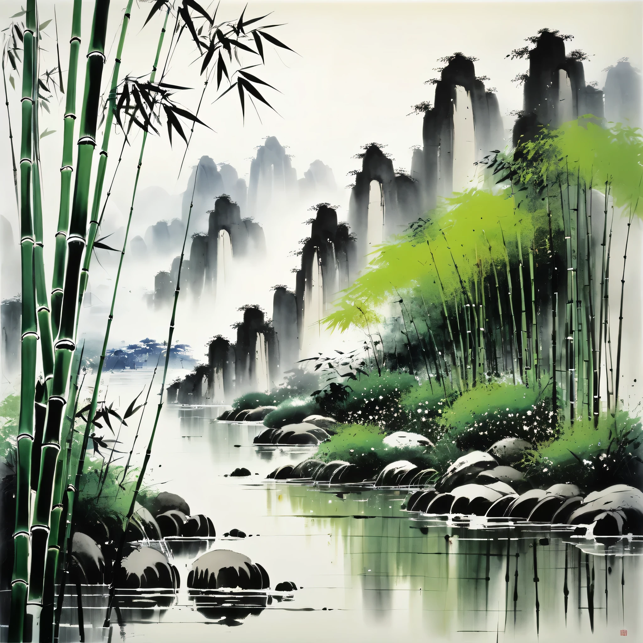 (Wu Kanzhong&#39;estilo de pintura), Uma combinação de técnicas de pintura a tinta e conceitos de pintura ocidental, (Arvoredo de bambu)