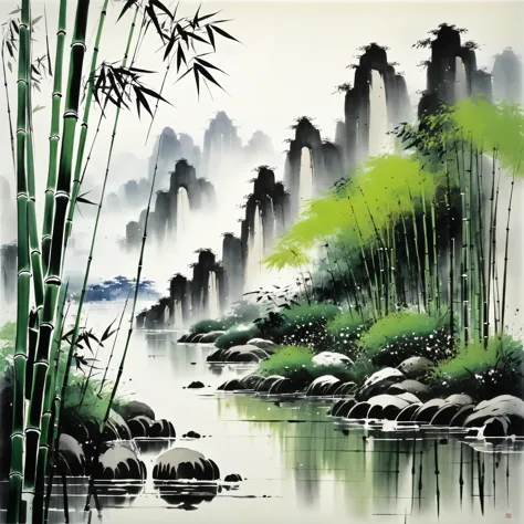(Wu Kanzhong&#39;s painting style), A combination of ink painting techniques and Western painting concepts, (bamboo thicket)