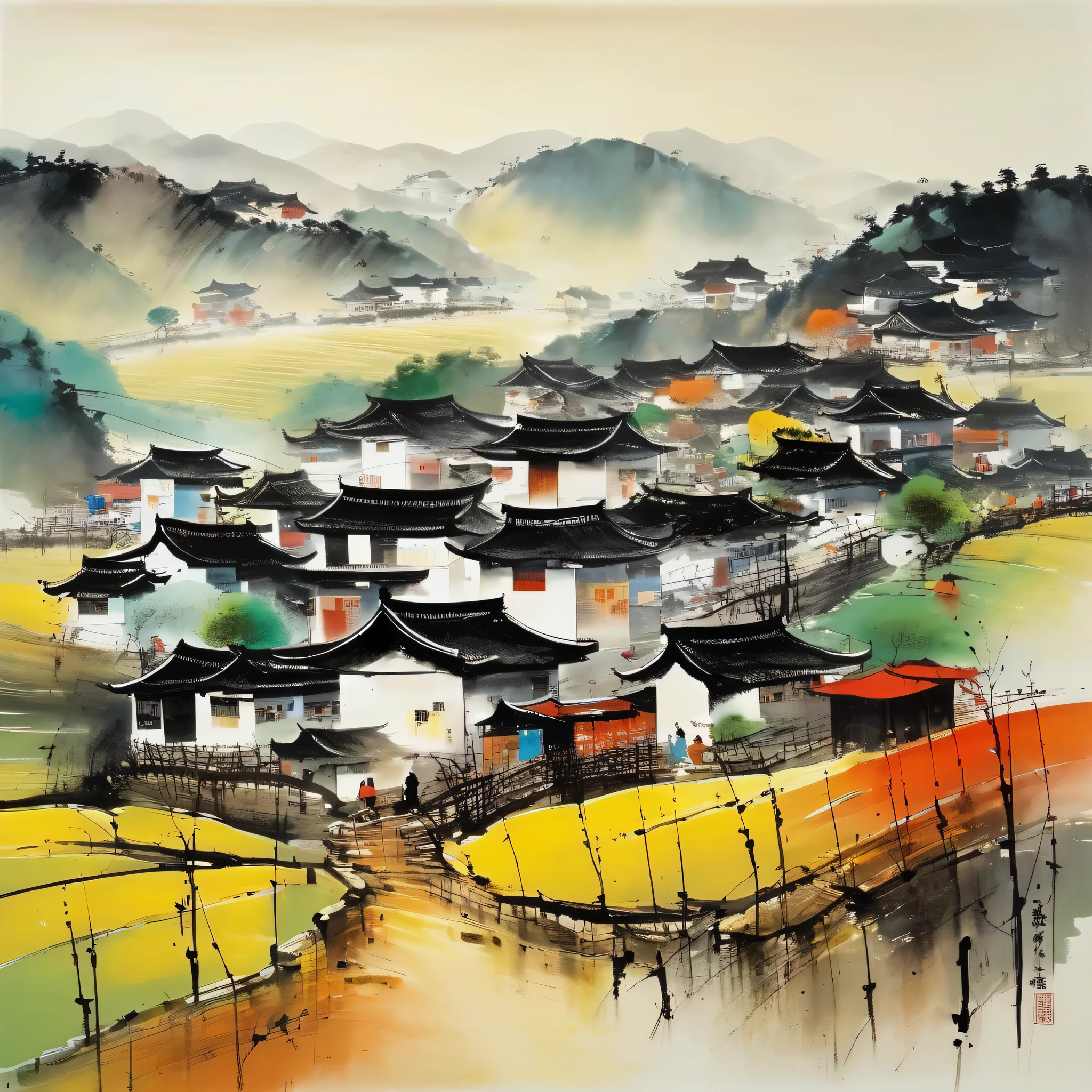 (Wu Kanzhong&#39;le style de peinture), Une combinaison de techniques de peinture à l&#39;encre et de concepts de peinture occidentaux, (maisons dans un village々
)