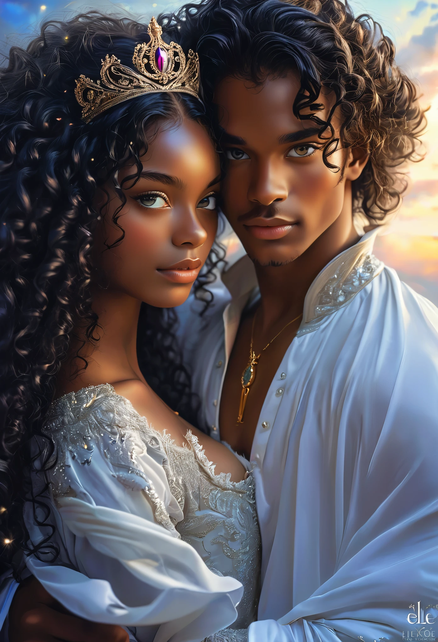 Romance em uma paisagem celestial, O título é Uma noite contigo, jovem casal (((pele escura))) amantes de 25 anos se abraçando, em um escritório, ela é uma ninfa celestial negra de pele com cabelos negros curtos, ele é um jovem príncipe imperial coroado de pele escura e cabelos longos e cacheados, ele tem olhos azuis, ela tem olhos cinzentos, casal quente, cara muito magra, olhos coloridos, (((lindo))), rostos perfeitos, todo o corpo, cena romântica, Maneira romântica