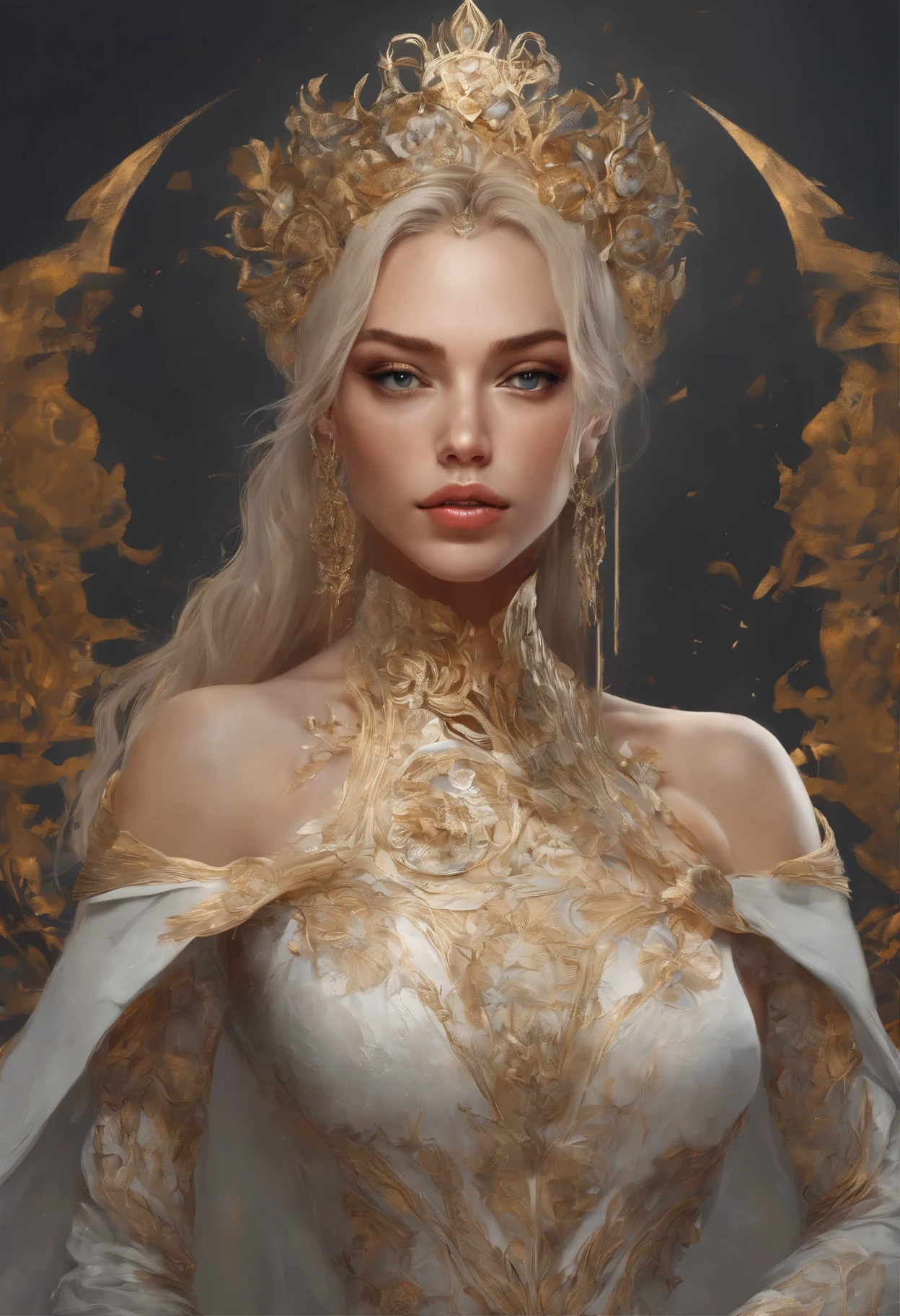 A close up of a woman in a white dress with a gold crown - SeaArt AI