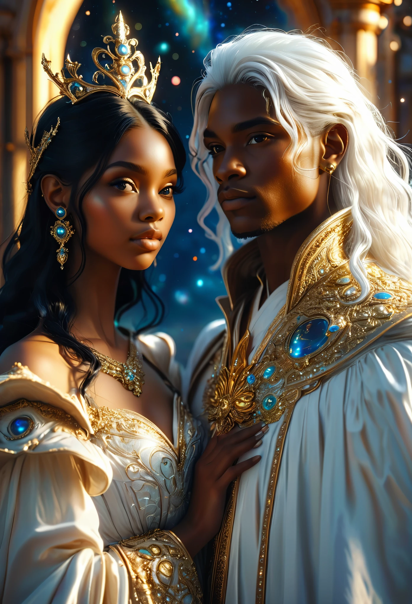 Novel in celestial landscape, a beautiful young darkskin couple with (((a long black hair pregnant young judge))) with (((a young male judge with white hair))), they holding scepter, very fine face, (((very beautiful))), perfect faces, whole body, romantic scene, romantic Way, sexy couple, 8K, extremely detailed, (high quality, realistic, photorealistic: 1.37), Full body, ideal proportions and defined complexion, meticulously crafted features, unreachable beauty, perfection, artistic masterpieces, vivid realism, hyper-detailed sculptures, life-like forms, truly awe-inspiring, impeccable craftsmanship, pure radiance, ethereal beauty, delicate contours, striking poses, sublime beauty, subtle nuances, dynamic compositions, vibrant colors, perfect lighting, soulful expressions, celestial aura, majestic presence, dreamlike atmosphere, unmatched gdetailed octane render trending on artstation, 8 k artistic photography, photorealistic concept art, soft natural volumetric cinematic perfect light, chiaroscuro, award - winning photograph, masterpiece, oil on canvas, beautiful detailed intricate insanely 