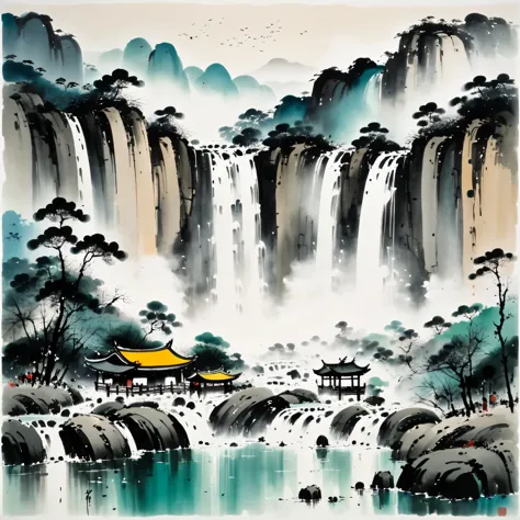 (Wu Kanzhong&#39;s painting style), A combination of ink painting techniques and Western painting concepts, (waterfall)