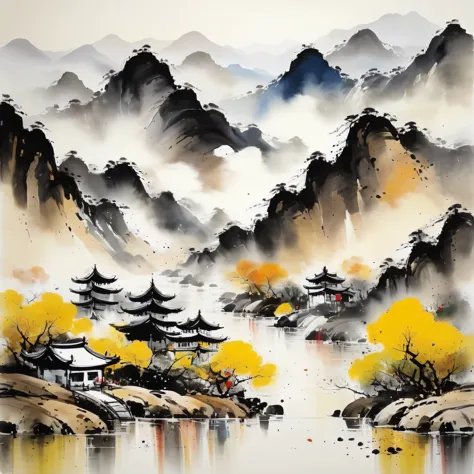 (Wu Kanzhong&#39;s painting style), A combination of ink painting techniques and Western painting concepts, (Mountain)