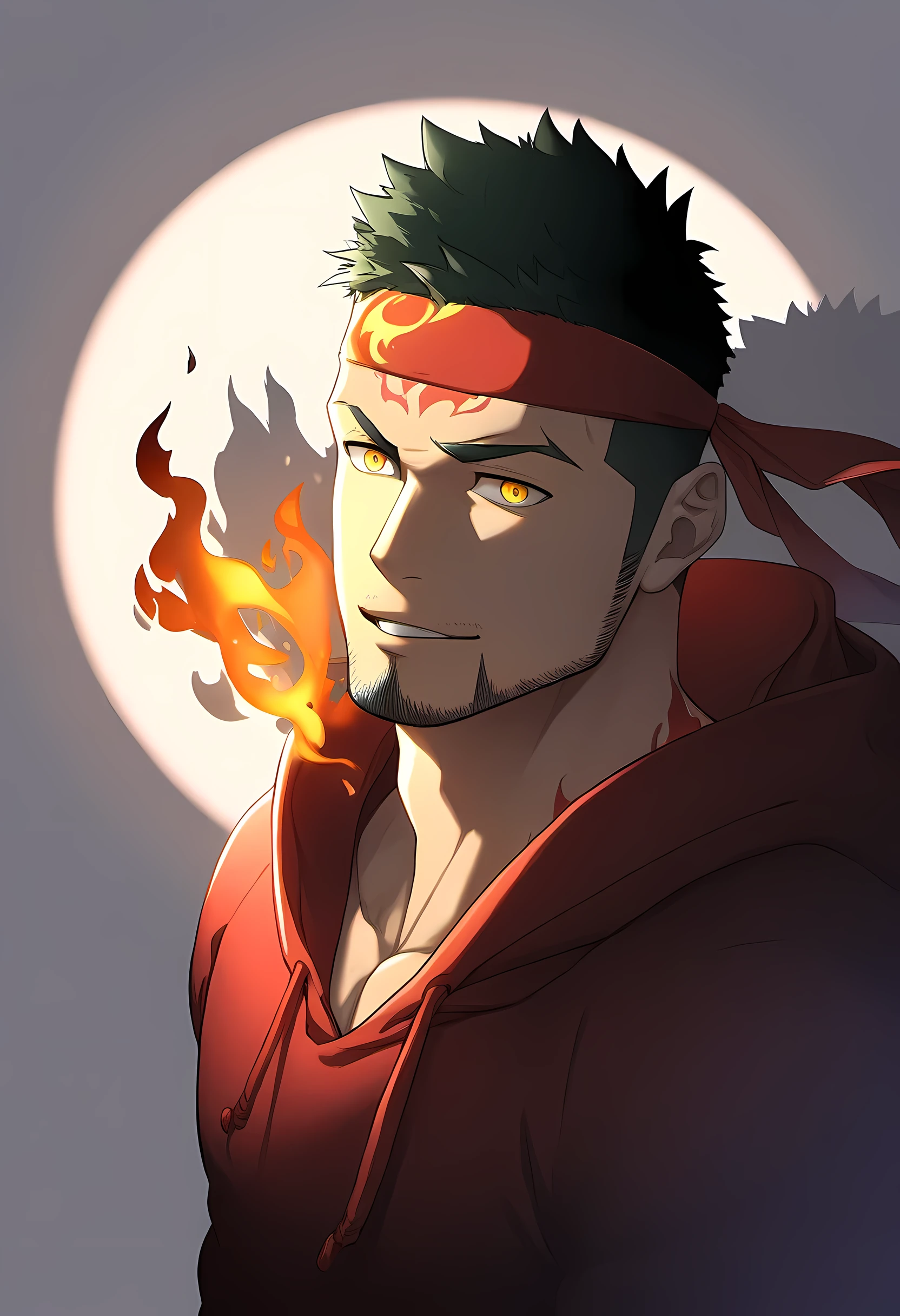 anime characters：Guy, Priapus, 1 muscular man god, Flame tattoo, Sport red headband, Sports hooded sweatshirt, muscular male, muscular, only, Upper body, alone, short black hair, thick eyebrows, stubble, yellow eyes, White background, simple background, amazing quality, best aesthetics, Ridiculous, bright pupils, short hair, naughty face, torogao, open lips, divine light, chiaroscuro, shadow, best quality