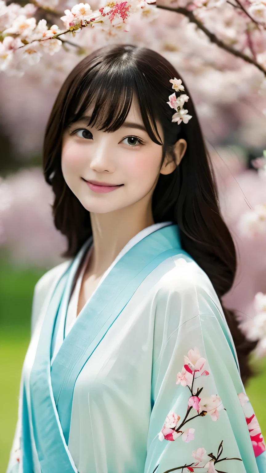 (kimono)、(highest quality,masterpiece:1.3,超A high resolution,),(Super detailed,caustics),(Photoreal:1.4,RAW shooting,)ultra-realistic capture,very detailed,High resolution 16K suitable for human skin、 The texture of the skin is natural、super bun hair、Skin tone looks even and healthy、 Use natural light and color,one woman,Japanese,,cute,black haired,Spring sunlight filtering through the trees,(Depth of written boundary、chromatic aberration、、wide lighting range、natural shading、)、(Cherry tree in full bloom、cherry blossom petals fall:1.3)、(hair swaying in the wind:1.3、Cherry blossom petals are dancing)、perfect cinematic lighting、professional photographer、