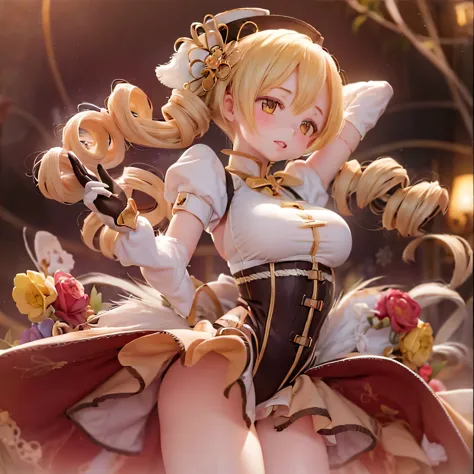 (highest quality,super detailed,masterpiece:1.2),expressive eyes,perfect face,Beautiful Mami Tomoe,sophisticated pose,pink long hair,golden eyes,soft pink lips,Magical girl costume with attention to detail,dark background,shine ,anime style,soft lighting,B...
