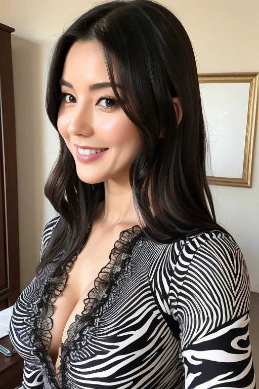 （super highest quality、In 8K、master piece、delicate illustrations）、She is a mature and very sexy housewife（Japanese）、（Chest emphasis 1.1）、very long black hair、Ripe and voluptuous body（Big 1.2）、（zebra print bodysuit 1.1）、smile
