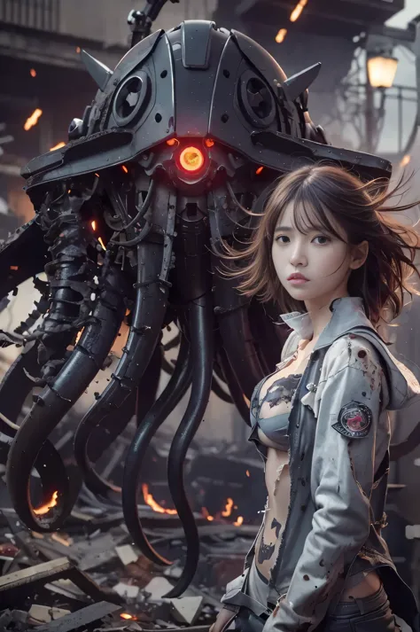 movie heroine "black mechanical squid". Mechanical squid with many glowing red eyes, A cute Japanese woman desperately escapes f...