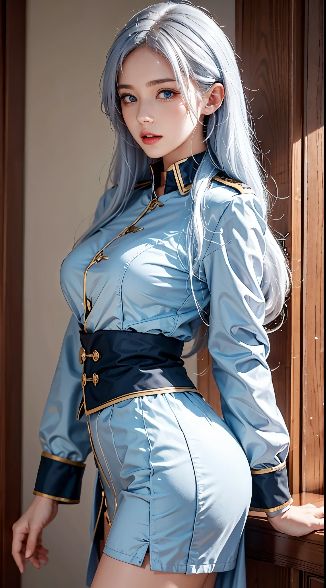 lifelike, high resolution, soft light, 1 female, alone, Buttocks up, blue eyes, long white hair, military uniform, jacket, shirt, skirt