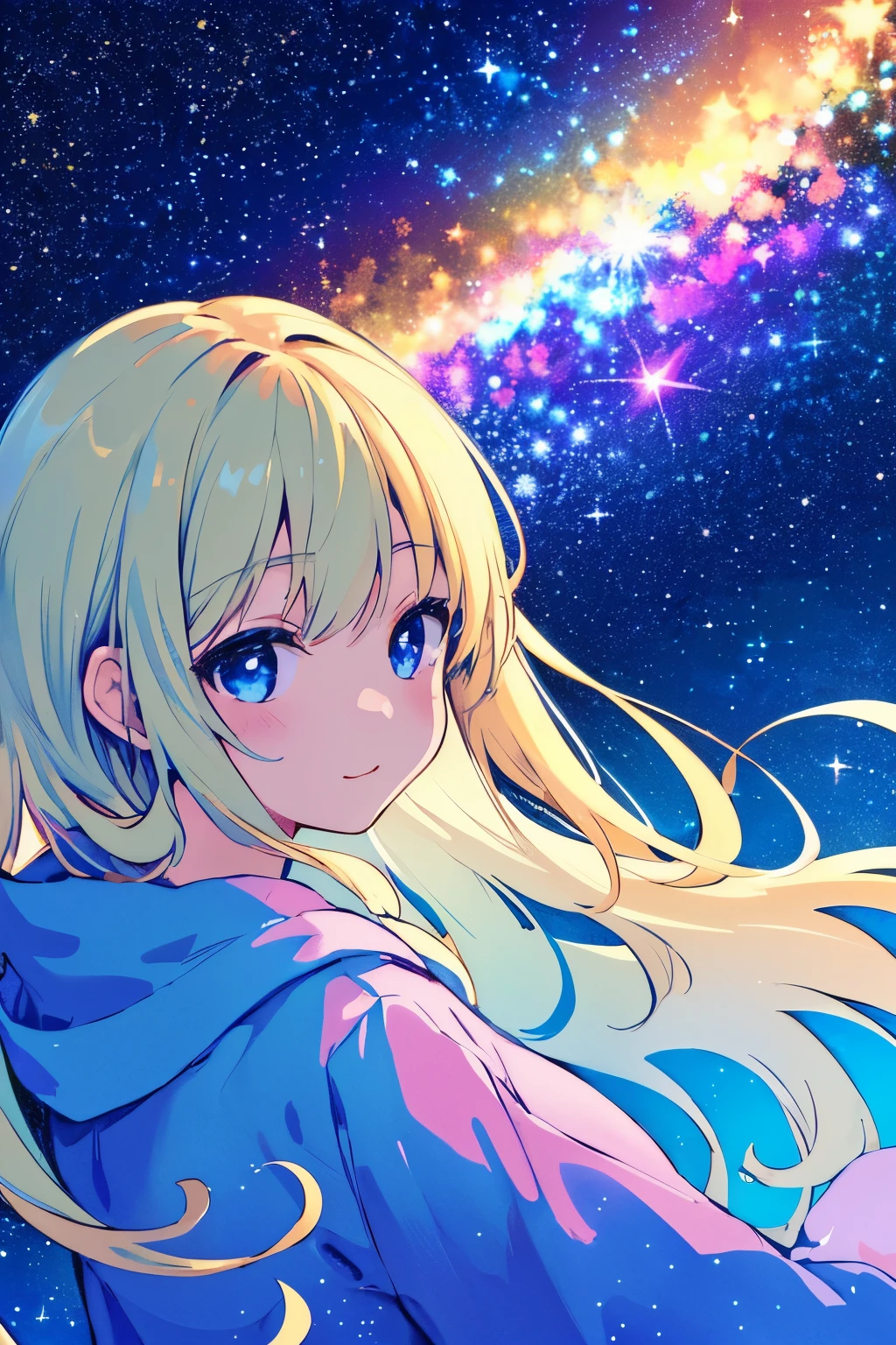 High detail, super detail, super high resolution, girl enjoying her time in the dream galaxy, surrounded by stars, warm light sprinkled on her, background is starry sky with colorful galaxies and galaxy clouds, stars flying around her, delicate face, adding playful atmosphere , 