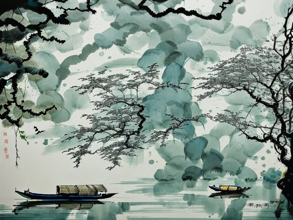  江南恵州建築水彩画白黒絵画風の霞んだ霧, ファンタジーは大きな空白を残し、ミニマリスト的である (傑作), (最高品質) 傑作