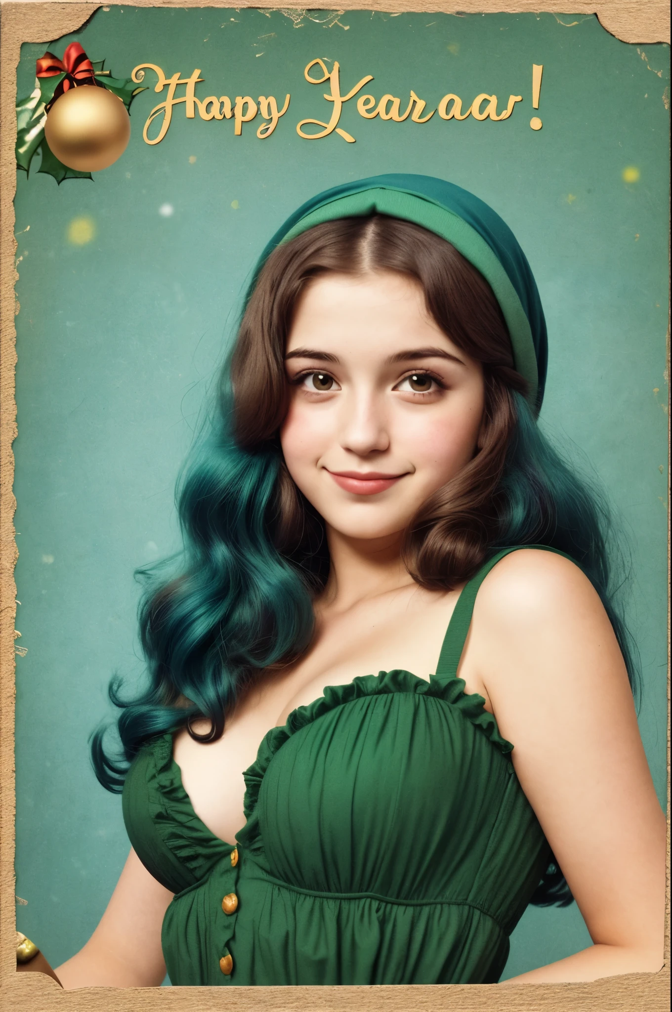 (new year postcard:1.05), analog photo, a cute girl, 26 years old, playful, large , normal size, (titian hair flaps:1.05), spanish, haik, (christmas green:1.05), vintage, faded film, film grain, vibrant colors, Bright Blue, (YES SFW)