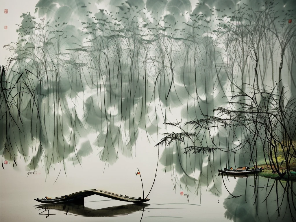  Jiangnan Huizhou arquitetura aquarela estilo pintura preto e branco nevoeiro nebuloso, A fantasia deixa um grande espaço em branco e é minimalista (obra de arte), (melhor qualidade) obra de arte