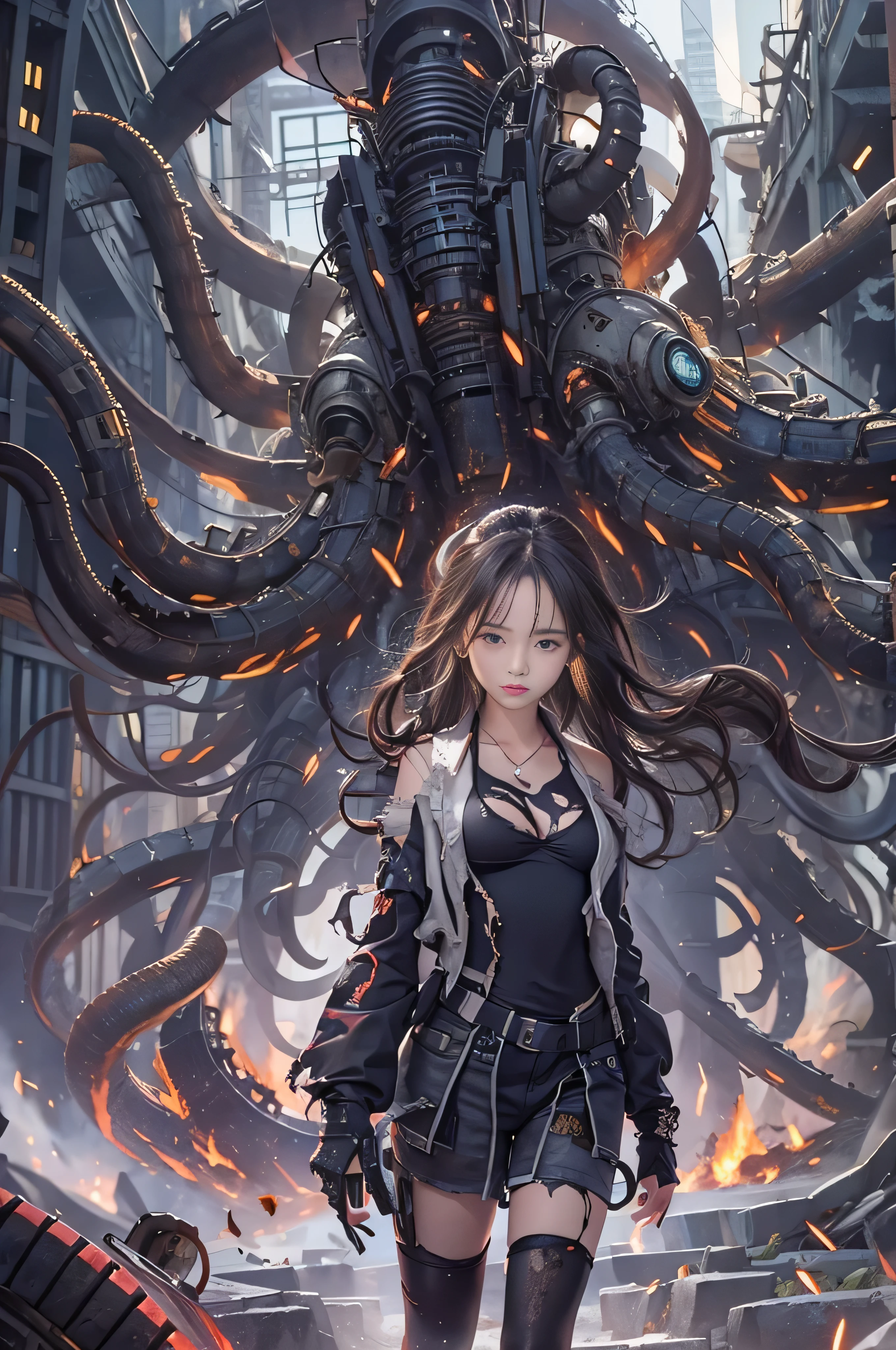 movie heroine "black mechanical squid". A woman is chased by a giant squid with many glowing red eyes., A cute Japanese woman desperately escapes from a mechanical squid in devastated Los Angeles., 14 years old, messy hair, Tattered pilot suit, (torn clothes:1.4), ((cleavage:1.4)), running through the rubble. crumbling building, burning flame, explosion、white skin, smooth skin, (amazingly beautiful face:1.4), be familiar with, realistic, 8k. A number of mechanical black tentacles attack her.., biologically correct woman, negative prompt.