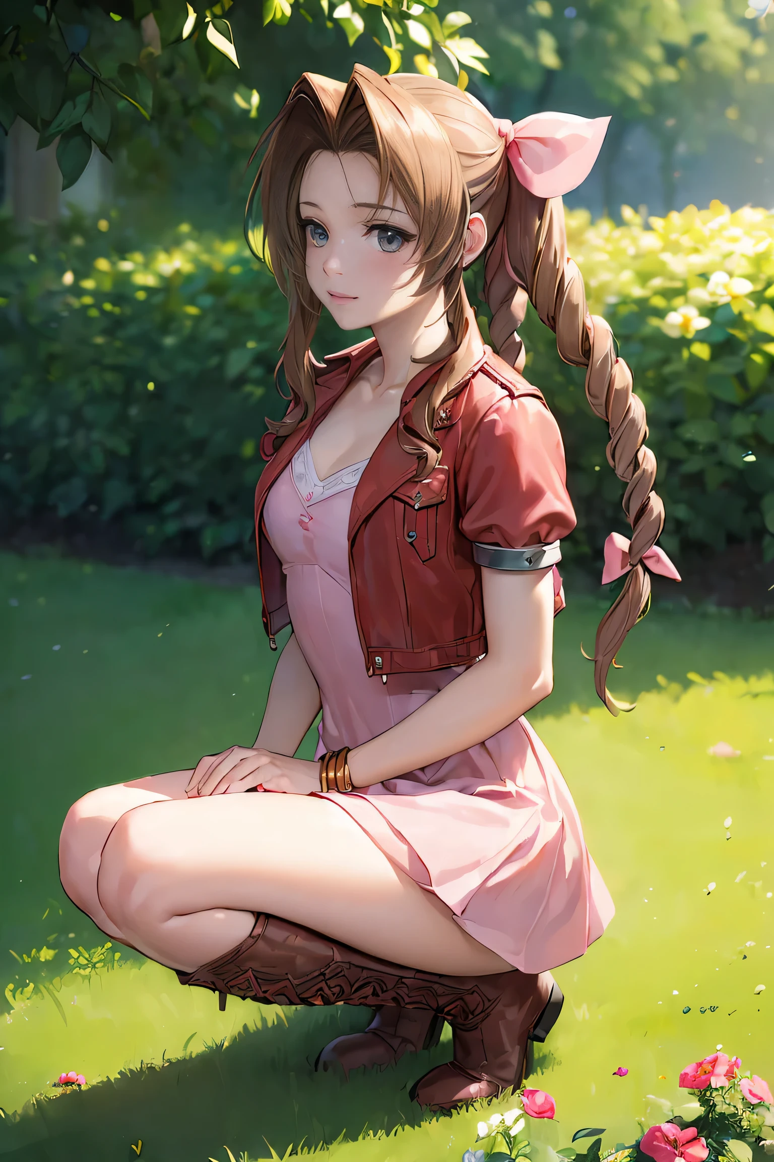 (masterpiece:2.0), solo, ((((aerith gainsborough, red cropped jacket, hair bow, bracelet, pink dress, brown boots)))), , from_side, cowboy shot, squatting with knees close together,flower , (finely detailed:1.7), (beautiful and clear background), ((outdoors, A beautiful garden bursting with flowers of various colors)) , (shiny_skin:1.3), nice hands, perfect hands, smile, , extremely and best quality, extremely and ultra detailed, beautiful detailed eyes, Very detailed CG unified 8k wallpaper, extremely detailed CG unity 8k wallpaper, extremely detailed CG unity 8k, extremely delicate and beautiful girl, ultra-detailed, (perfect anatomy), (high detail), (high quality), (high resolution), (beautiful detailed face), (ultra detaild background), beautiful and clear background,aerith gainsborough wearing sexy swimmers