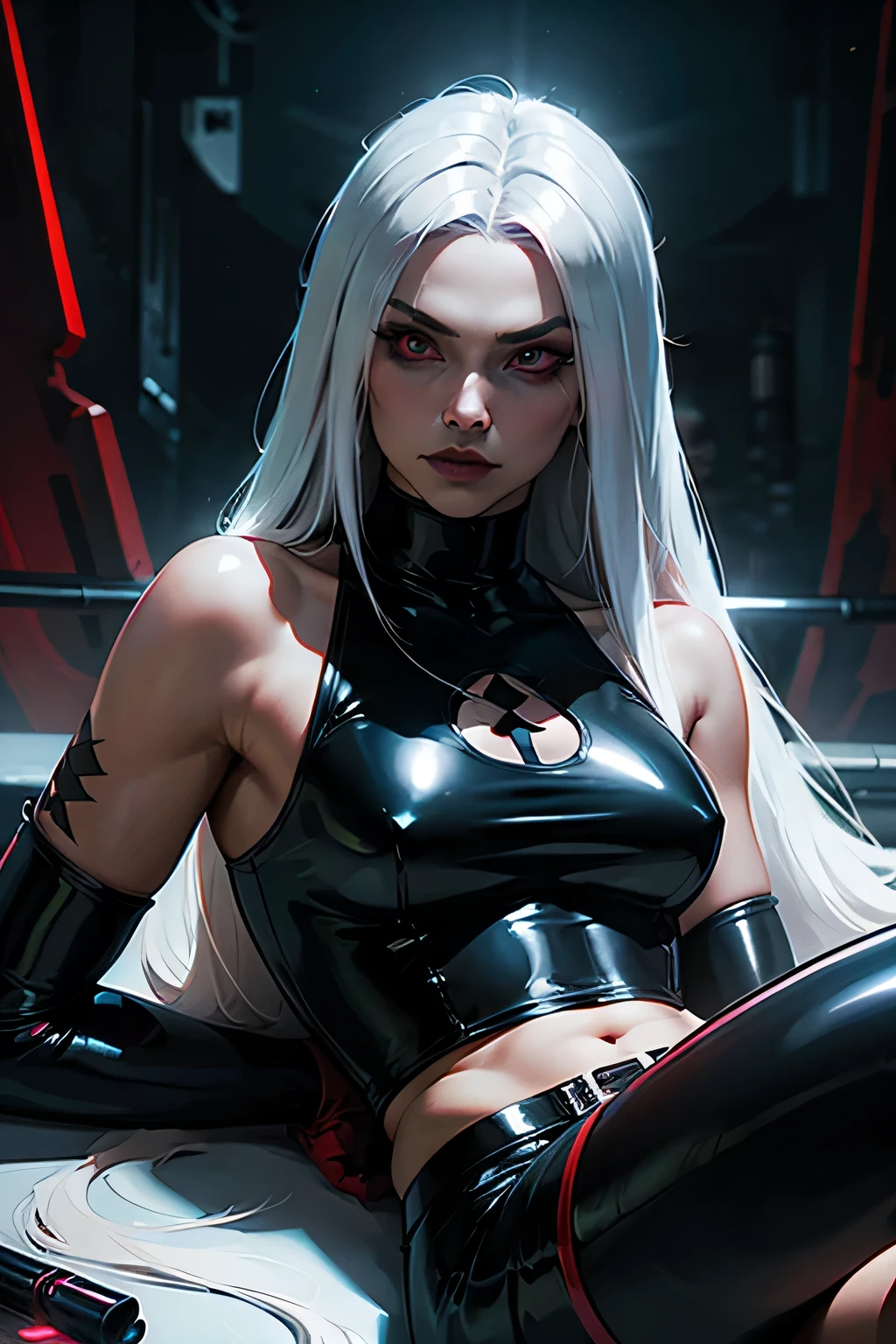 white long haired Asian woman with red pupils. pvc black clothing. thigh high boots, bicep high cloves, double strap nickers, and a sleeveless top that shows off the belly. gothic theme, with neon lights. sinister character. laying down